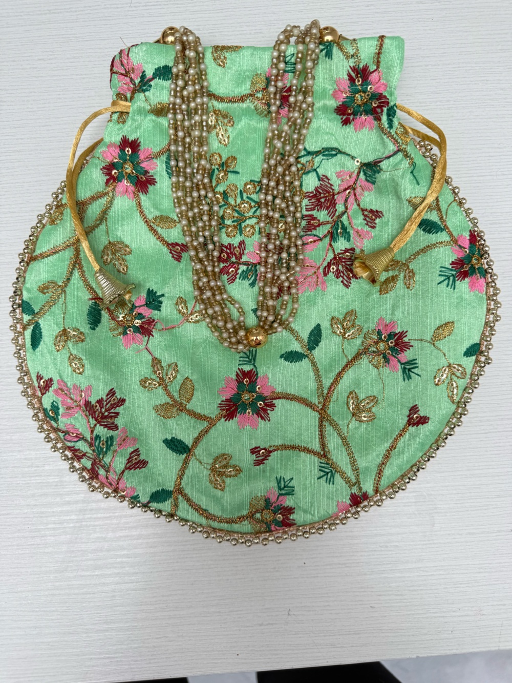 Handcrafted Mint Green Floral Potli Bag with Pearl Strap